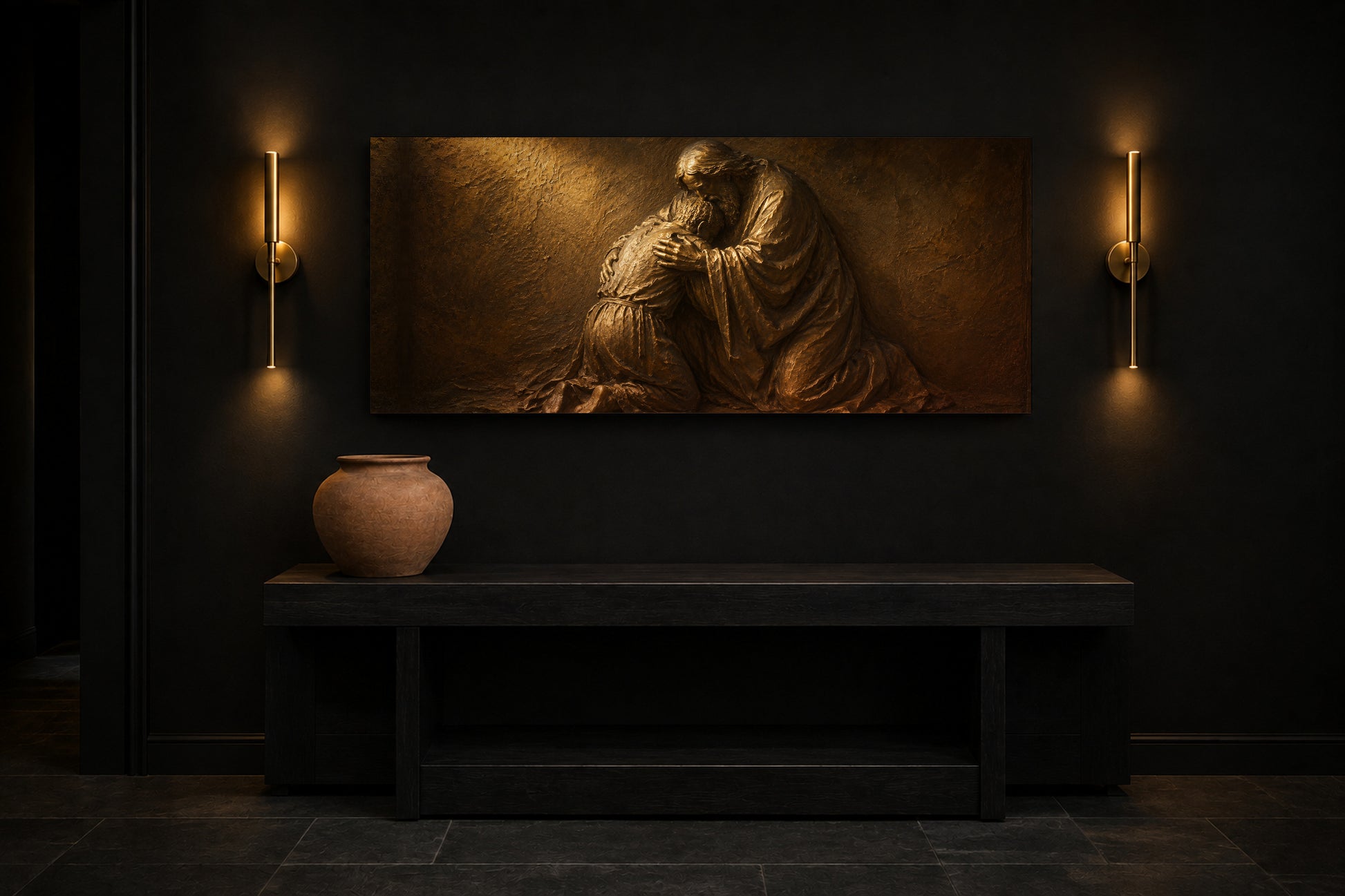 Prodigal Son bronze relief canvas in a black entryway with brass sconces, a dark bench and a terracotta urn