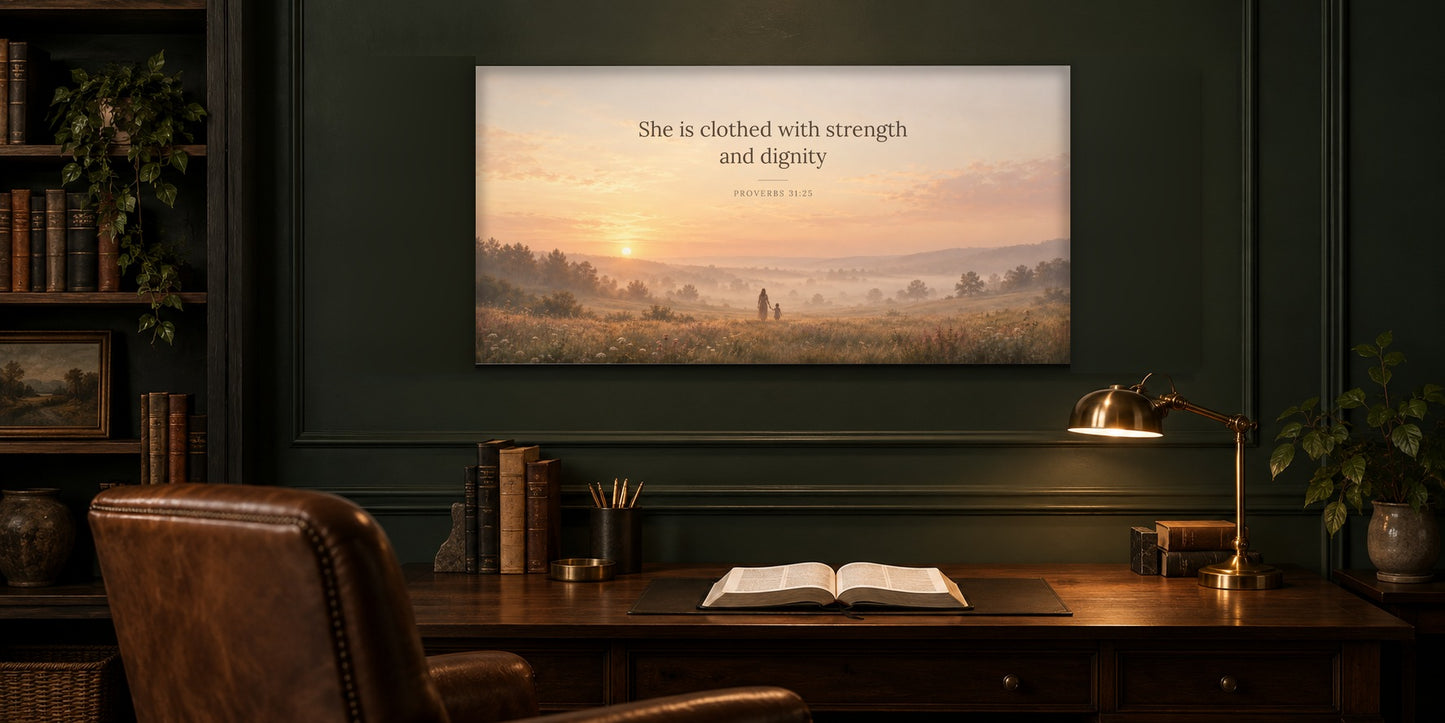 Proverbs 31 She is clothed with strength and dignity canvas hanging in a dark forest-green study above a walnut desk with an open Bible and brass lamp
