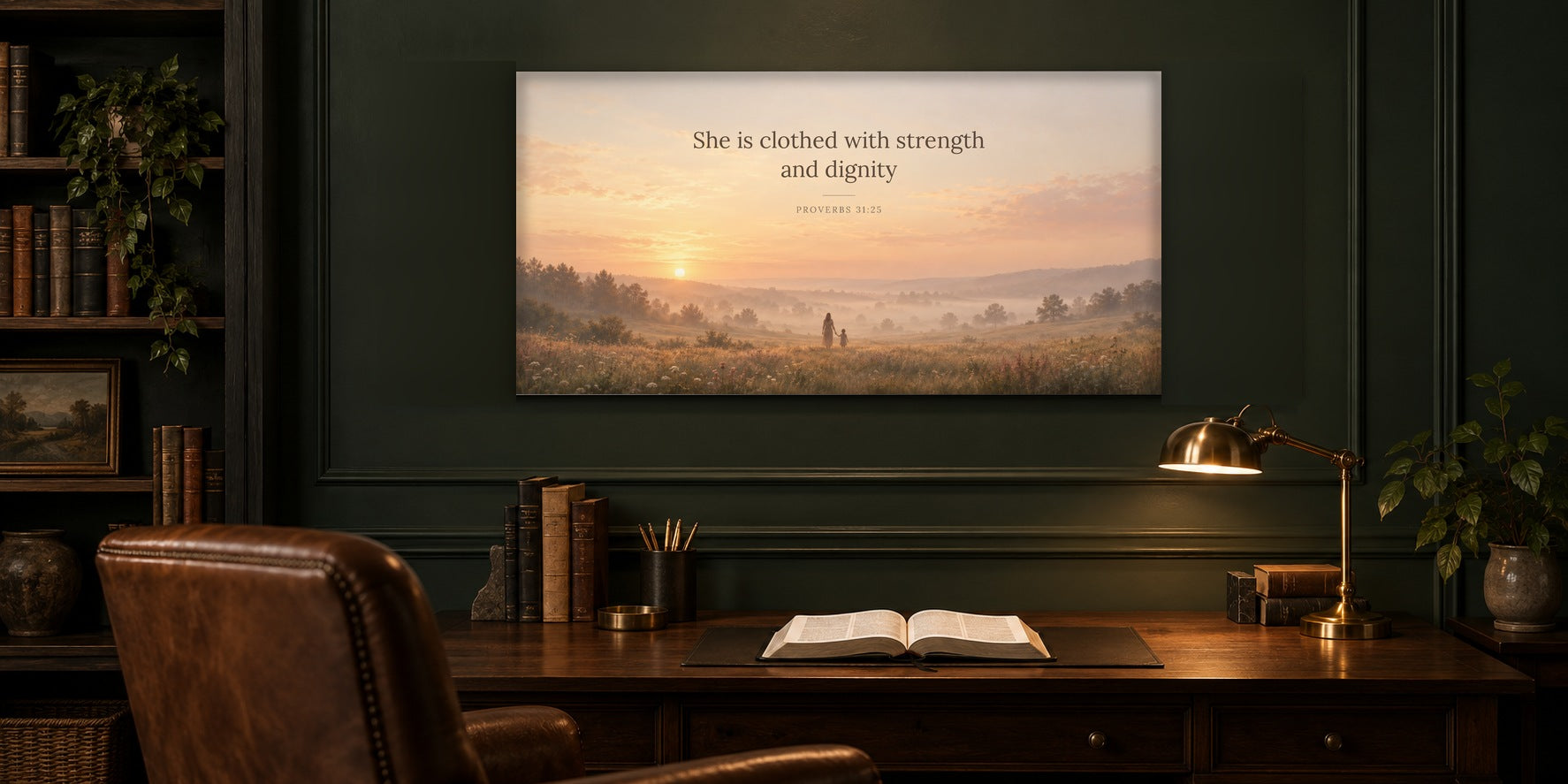Proverbs 31 She is clothed with strength and dignity canvas hanging in a dark forest-green study above a walnut desk with an open Bible and brass lamp
