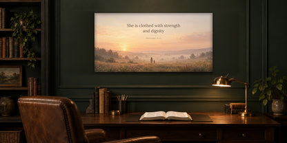Proverbs 31 She is clothed with strength and dignity canvas hanging in a dark forest-green study above a walnut desk with an open Bible and brass lamp