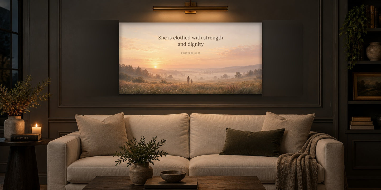 Proverbs 31 canvas above a cream linen sofa in a charcoal living room with brass picture light and candle