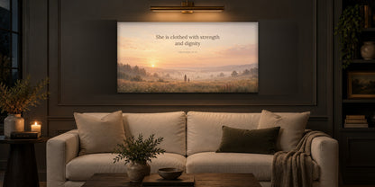 Proverbs 31 canvas above a cream linen sofa in a charcoal living room with brass picture light and candle