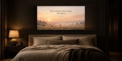 Proverbs 31 canvas above the bed in a dark moody bedroom with oatmeal linen bedding