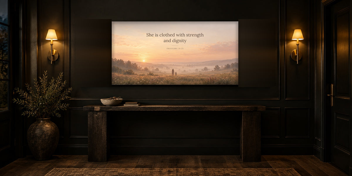 Proverbs 31 canvas in a black entryway with antique brass sconces and a dark wood console table