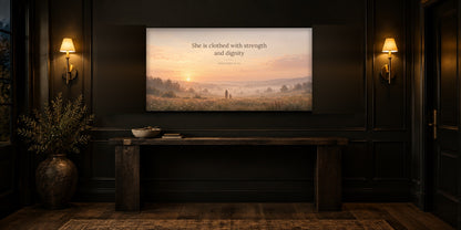 Proverbs 31 canvas in a black entryway with antique brass sconces and a dark wood console table