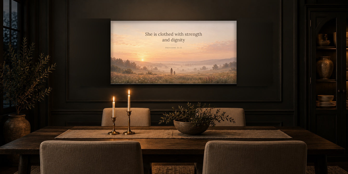 Proverbs 31 canvas in a dark dining room with lit taper candles in brass candlesticks