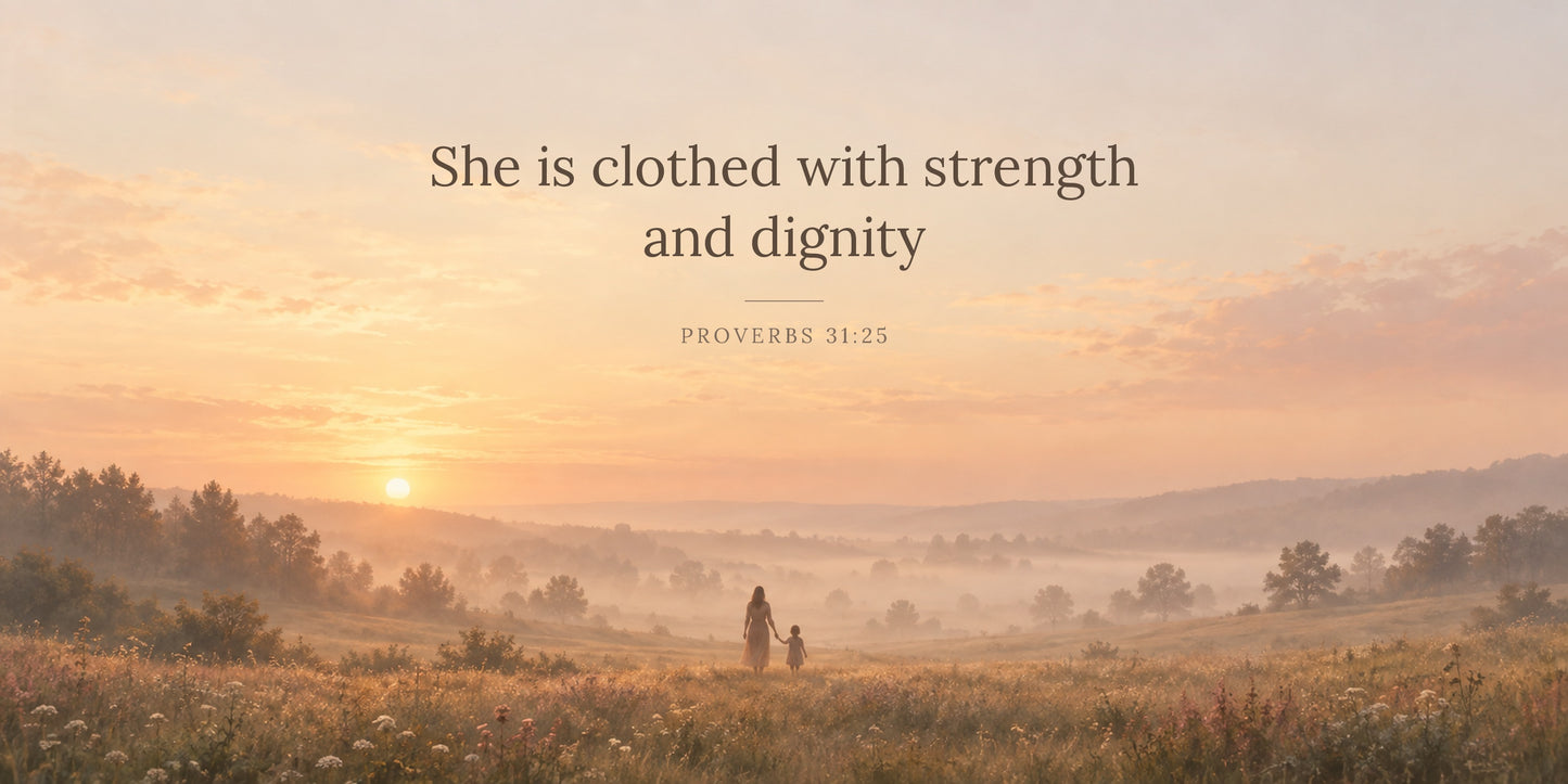 Full artwork - Proverbs 31:25 She is clothed with strength and dignity over a hazy golden-hour meadow with mother and child