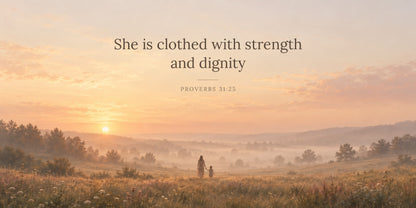 Full artwork - Proverbs 31:25 She is clothed with strength and dignity over a hazy golden-hour meadow with mother and child