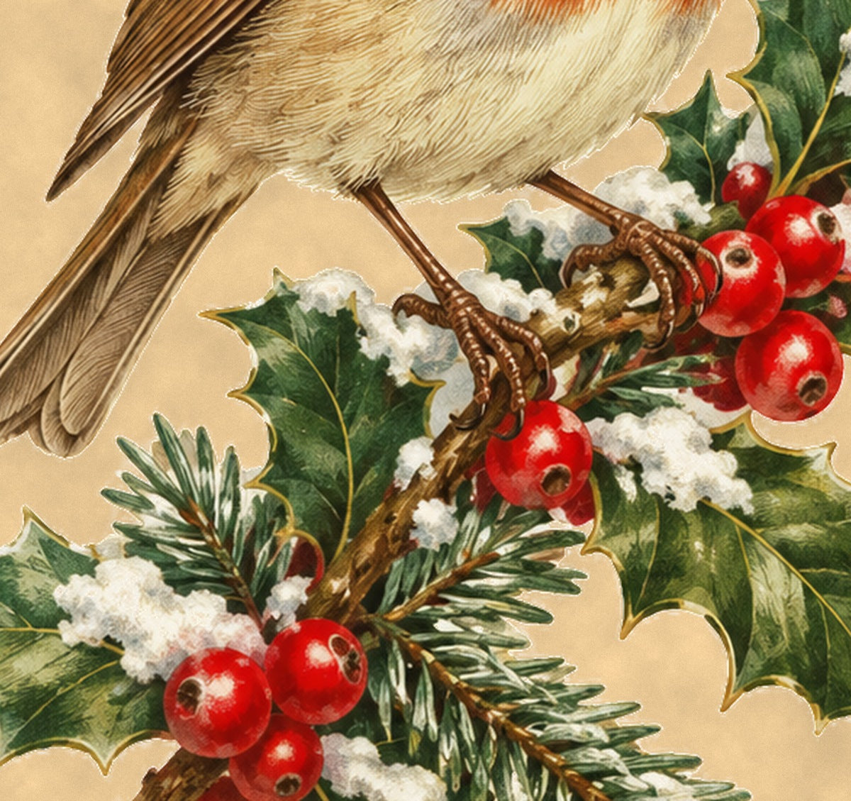 Close-up detail of the robin and holly berries illustration