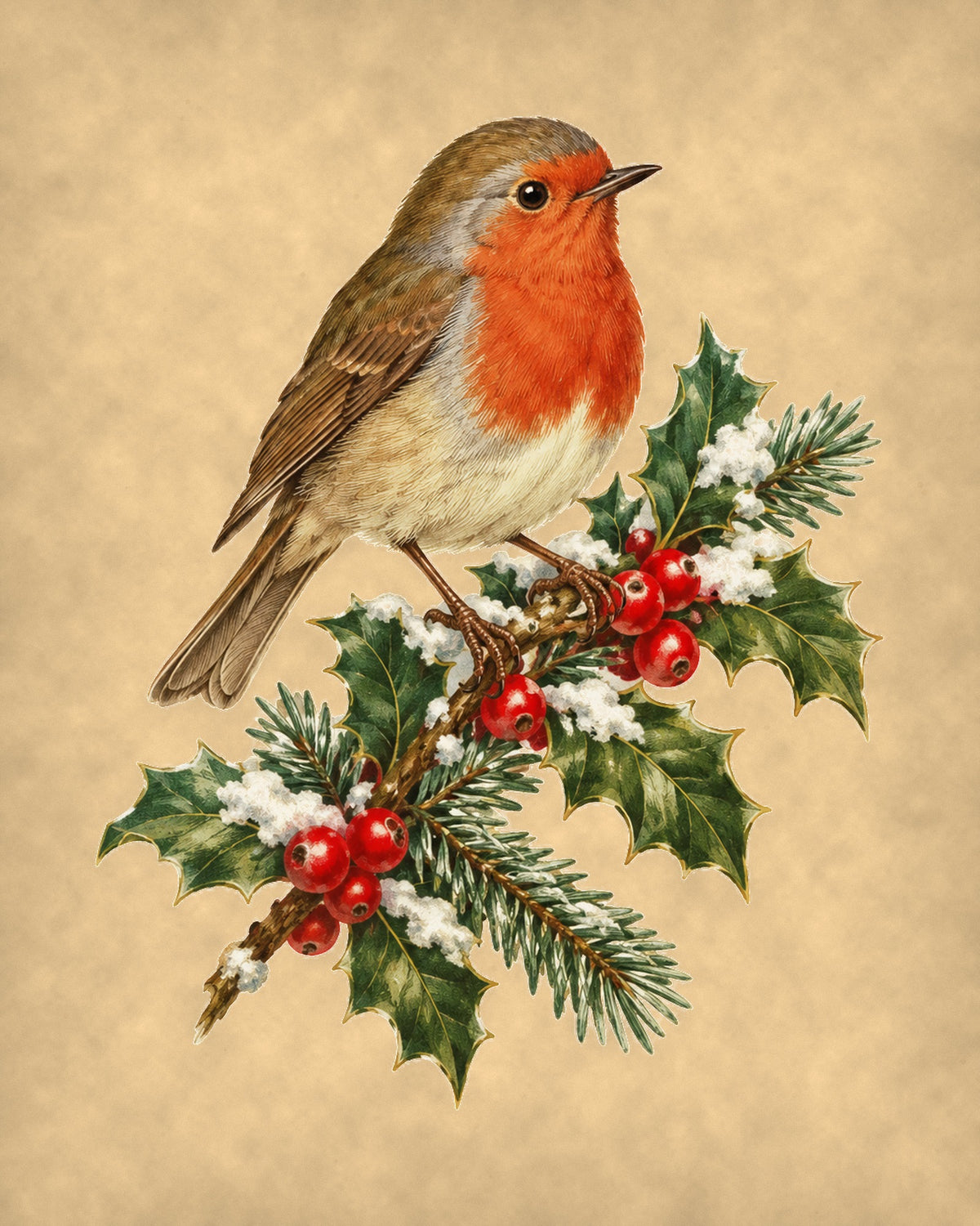 Vintage Christmas robin on snowy holly 8x10 print flat art on parchment