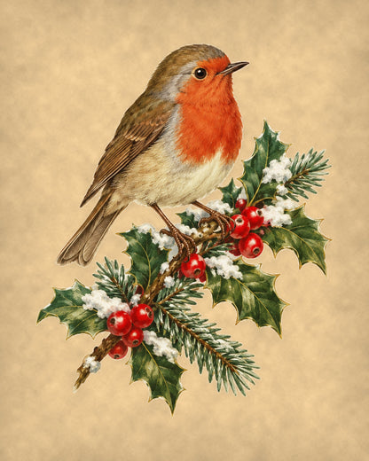 Vintage Christmas robin on snowy holly 8x10 print flat art on parchment