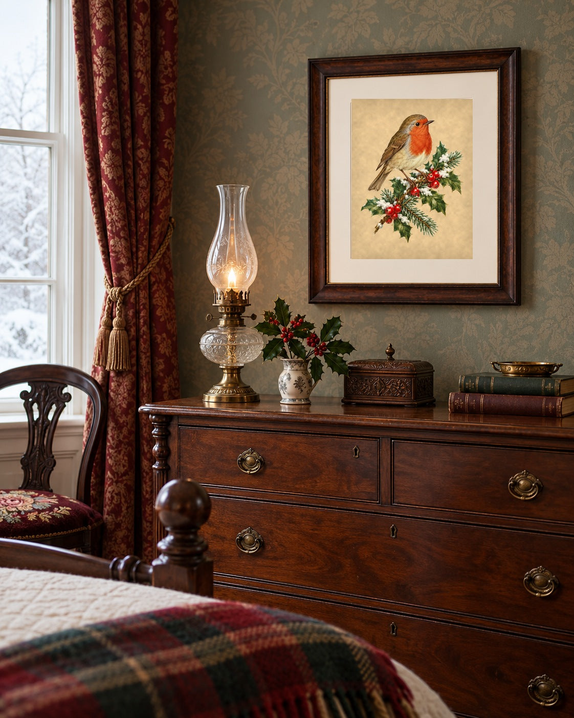 Vintage Christmas robin print in a dark frame above an antique dresser