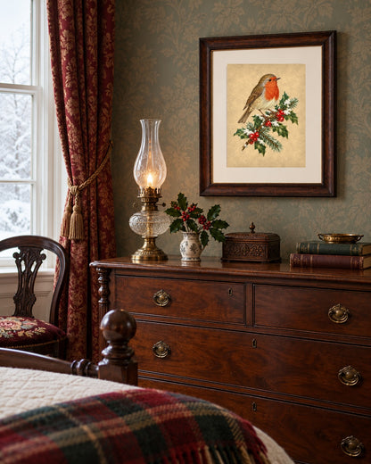 Vintage Christmas robin print in a dark frame above an antique dresser