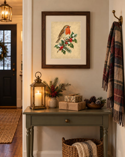 Vintage robin and holly print framed over an entryway console with a lantern