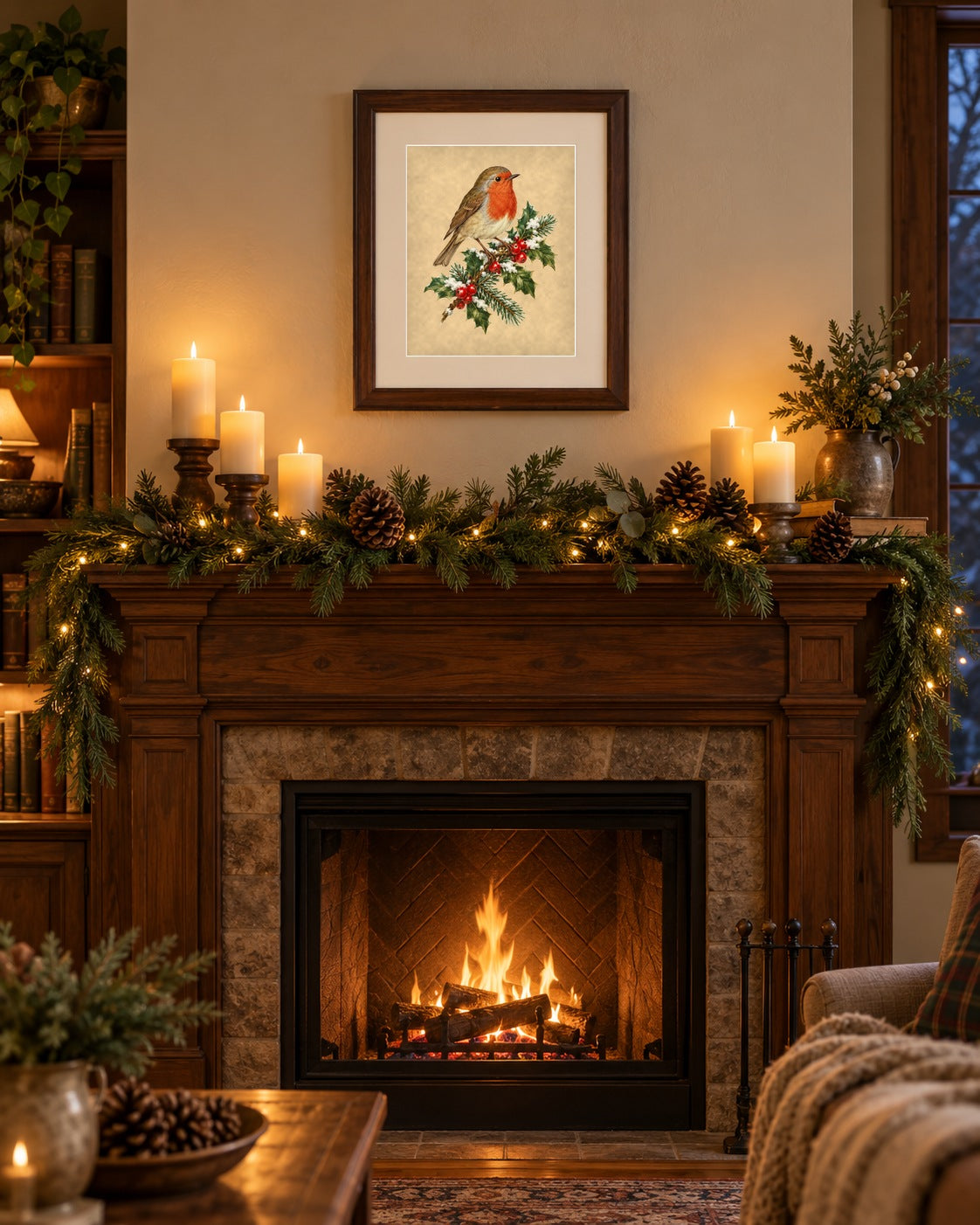 Vintage Christmas robin on holly 8x10 print framed above a mantel with pine garland