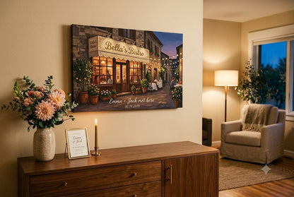 Custom personalized canvas of Bella's Bistro Italian restaurant with couples' names and meeting date, hung above walnut credenza