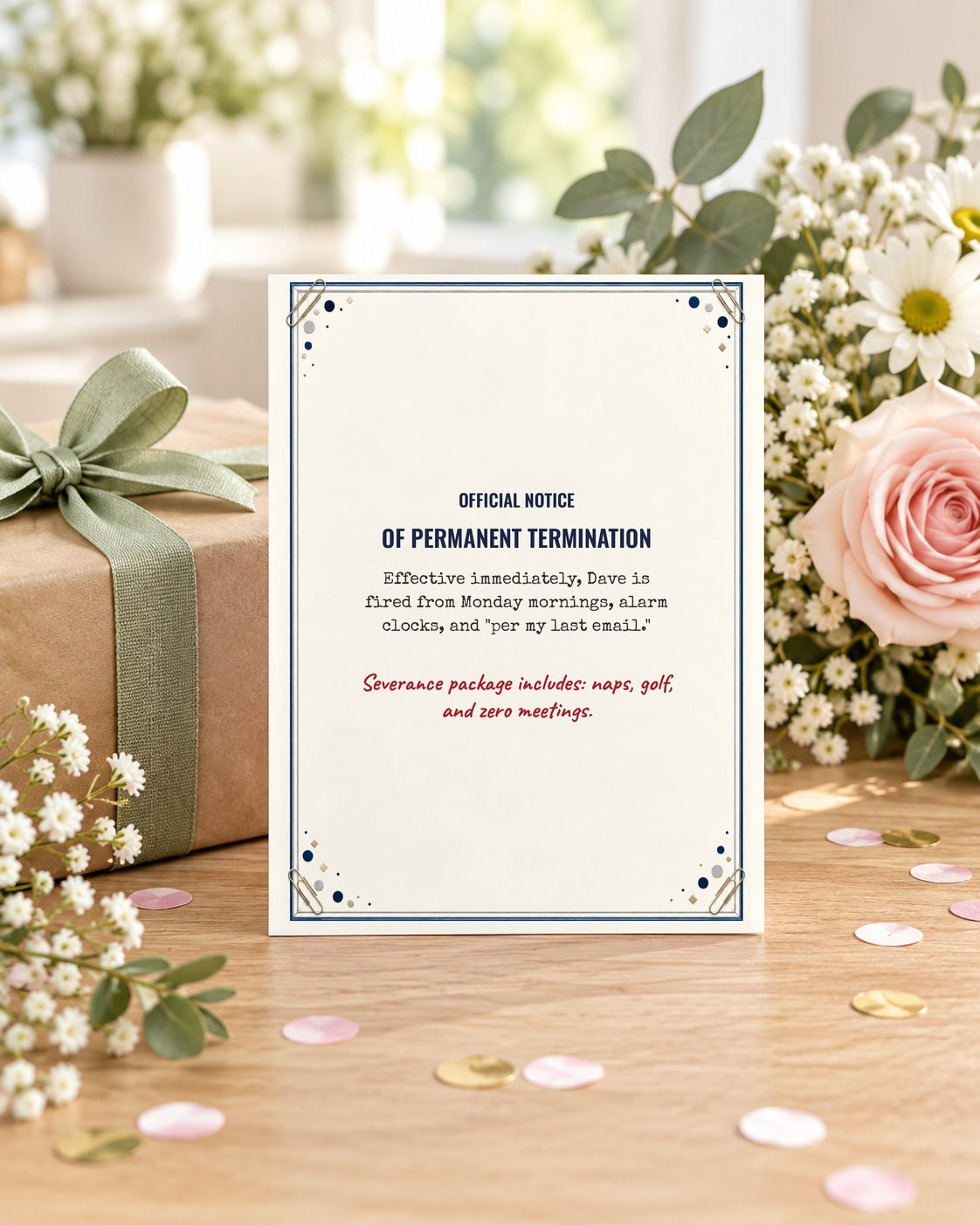 Funny retirement card beside a wrapped gift and flowers