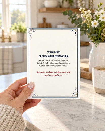 Hand holding the funny retirement termination letter card in a kitchen