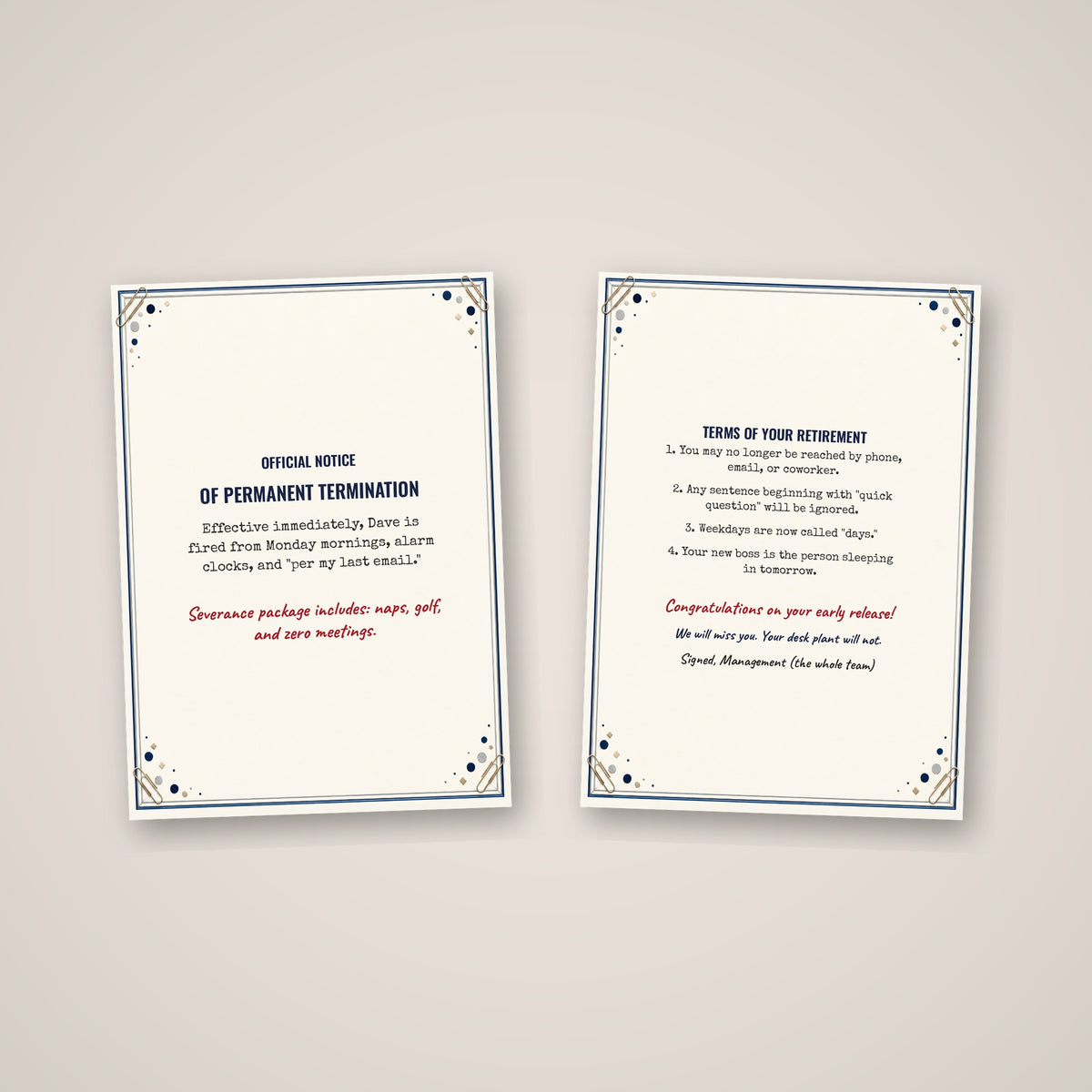 Front and inside of the funny retirement termination letter card side by side