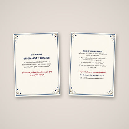 Front and inside of the funny retirement termination letter card side by side