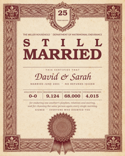 Still Married anniversary certificate artwork with custom names, years survived and joke statistics