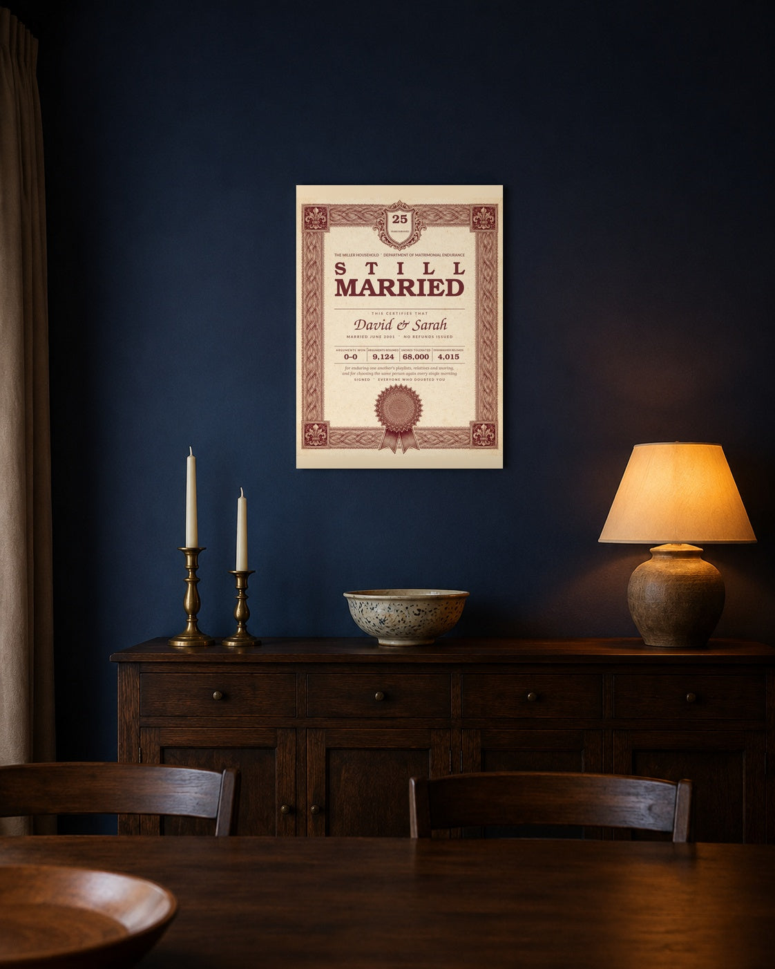 Funny personalized anniversary certificate framed on a navy blue dining room wall