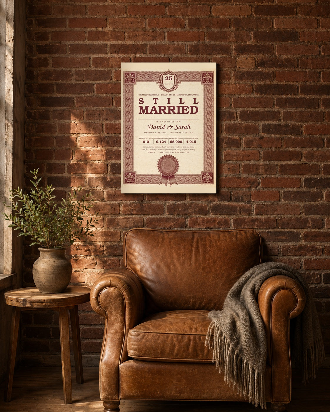 Custom couple names anniversary roast print on an exposed brick living room wall
