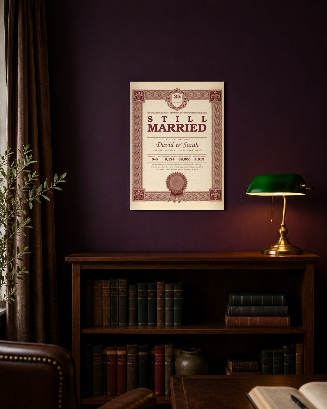 Personalized Still Married certificate above a bookcase in an aubergine study