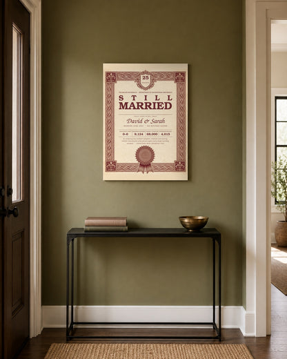 Funny anniversary gift certificate print on an olive green hallway wall above a console table