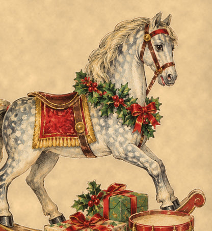 Close-up detail of the vintage Christmas rocking horse artwork