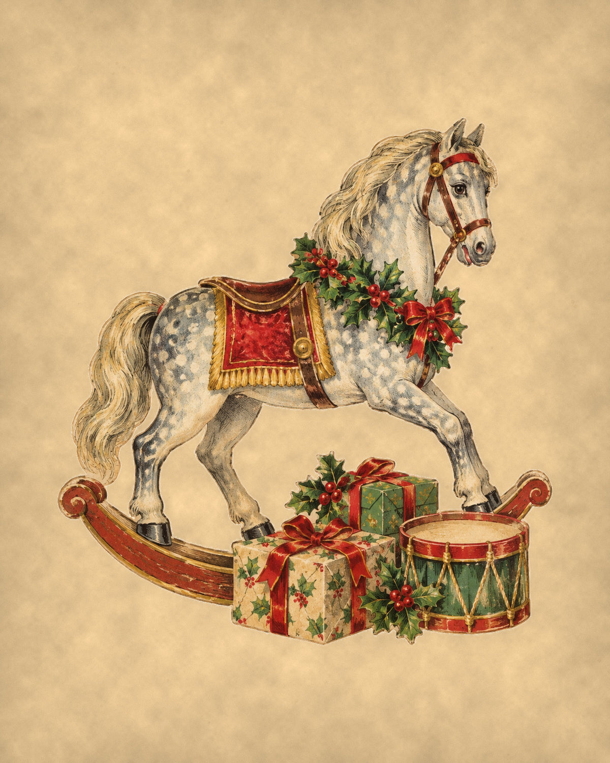 Vintage Christmas rocking horse 8x10 print on warm parchment
