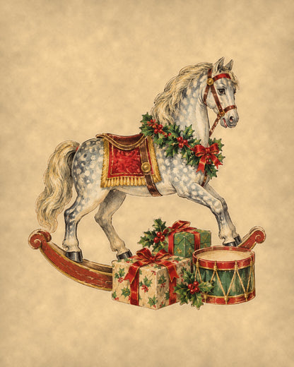 Vintage Christmas rocking horse 8x10 print on warm parchment