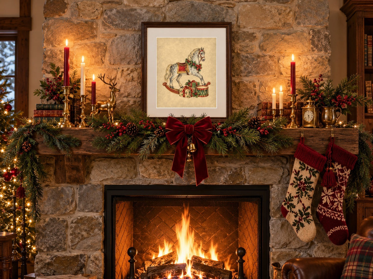 Vintage Christmas rocking horse print framed on a stone mantel with garland and candles