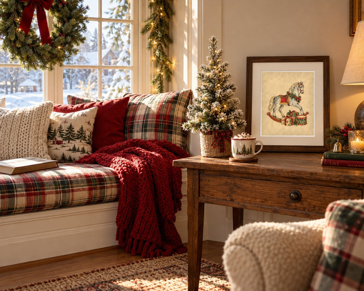 Vintage Christmas rocking horse print framed beside a plaid window seat