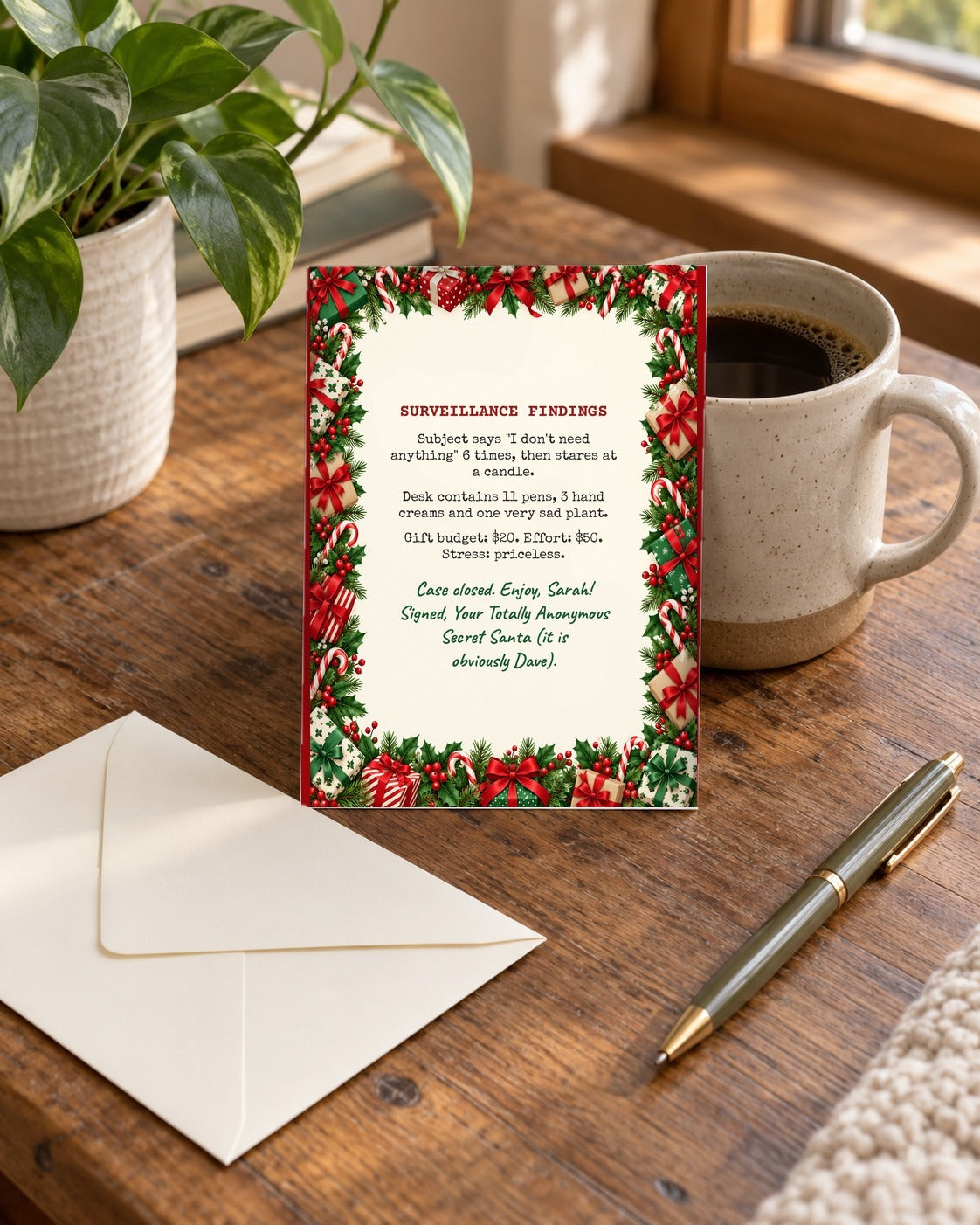 Secret Santa card inside on a desk with envelope and pen
