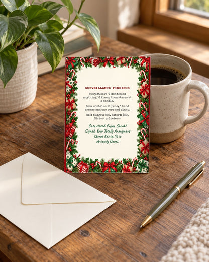 Secret Santa card inside on a desk with envelope and pen