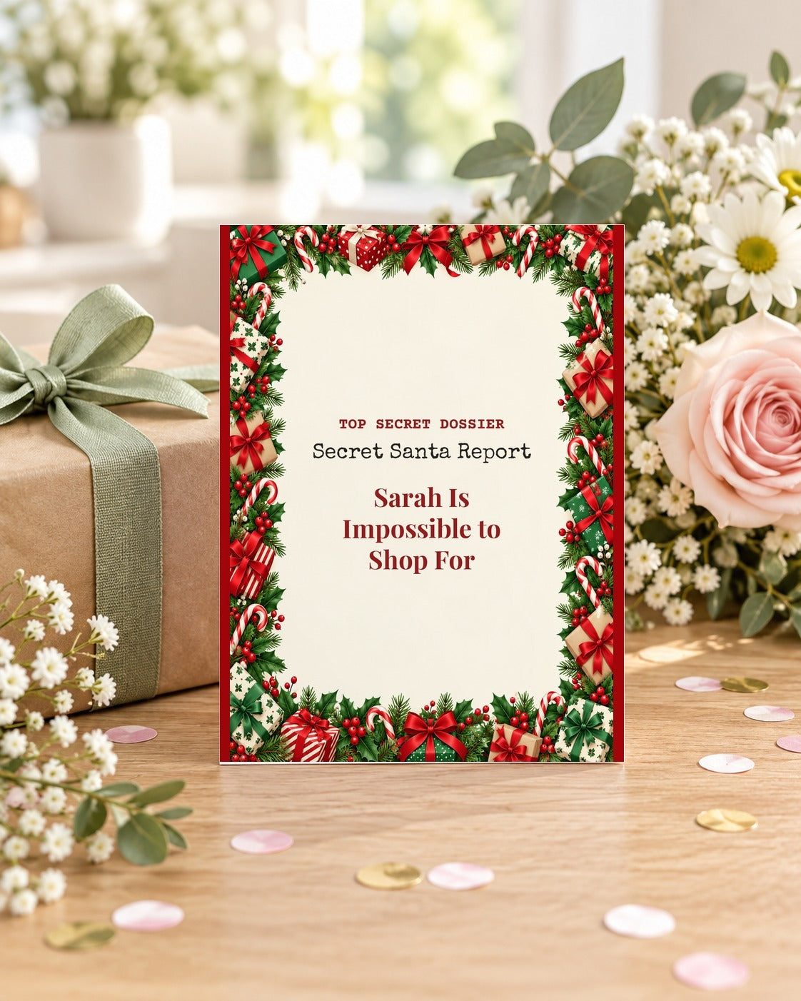 Funny Secret Santa card styled with a gift and flowers