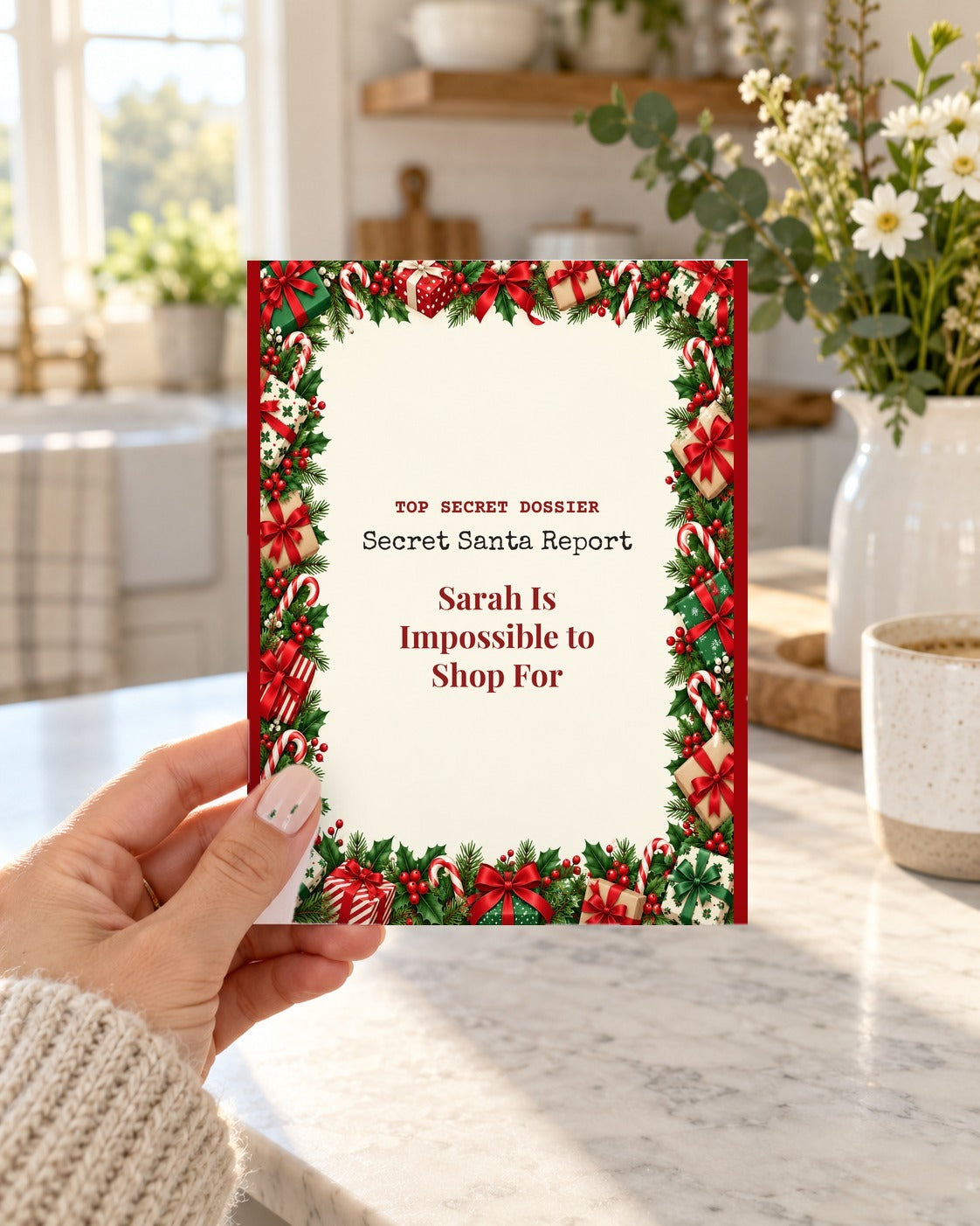 Funny Secret Santa card held in a kitchen: Secret Santa Report, Sarah Is Impossible to Shop For