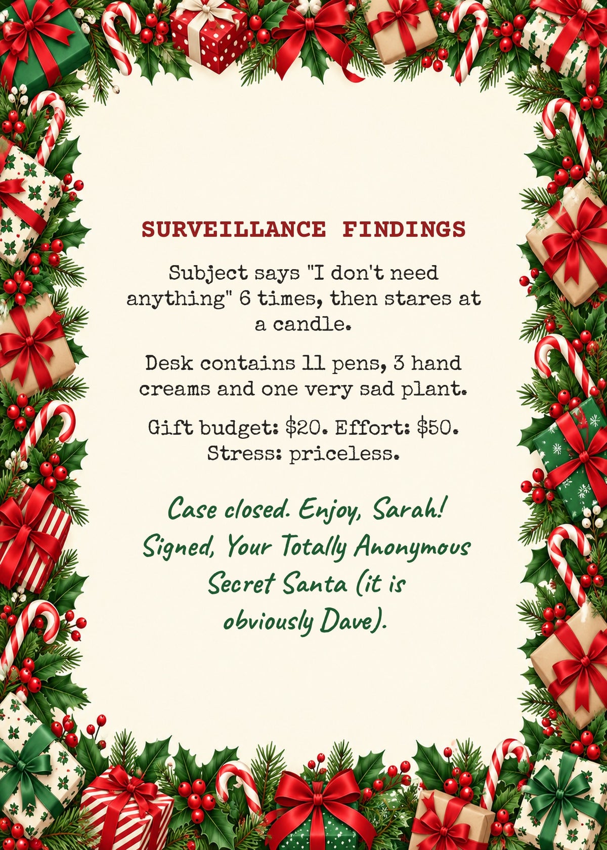 Card inside: Surveillance Findings with gift budget and desk jokes