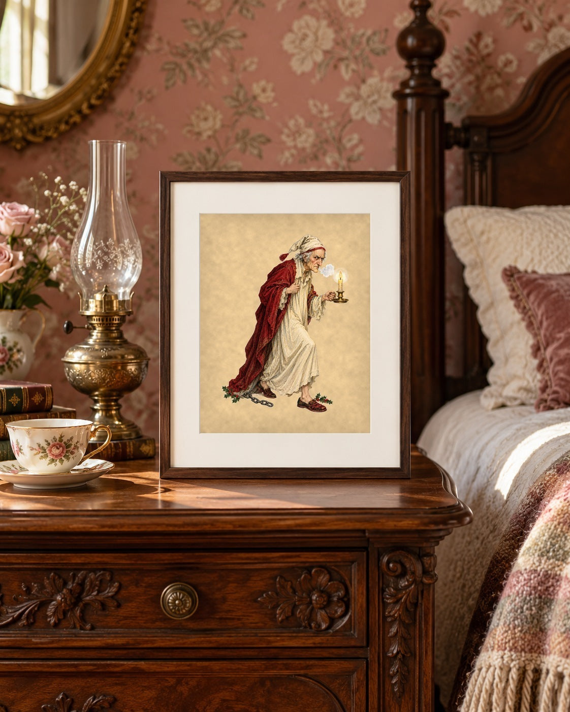 Scrooge Christmas Carol print framed on a Victorian bedside table with an oil lamp