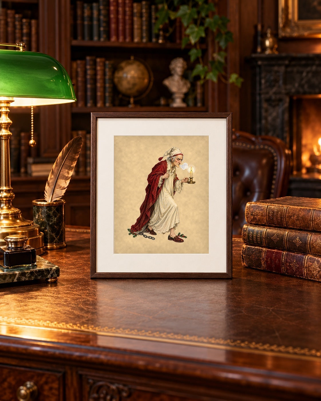 Scrooge Christmas Carol print framed on a leather-topped library desk with green banker's lamp