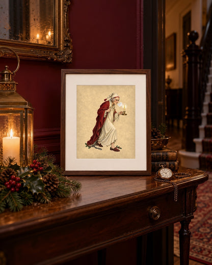 Scrooge Christmas Carol print framed on a Victorian hall console with a brass lantern and holly