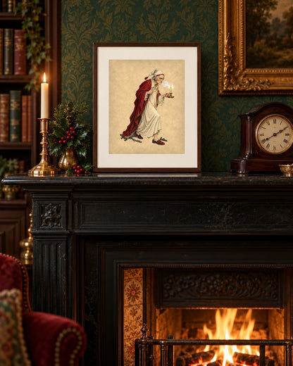 Scrooge Christmas Carol print framed on a black marble parlour mantel with a clock and candle
