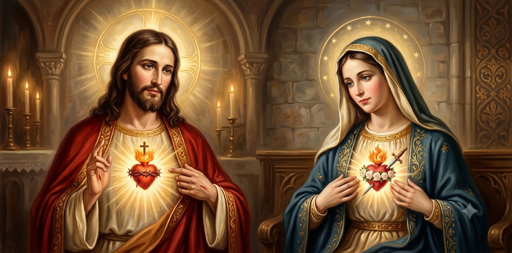 Sacred Heart of Jesus and Immaculate Heart of Mary devotional painting