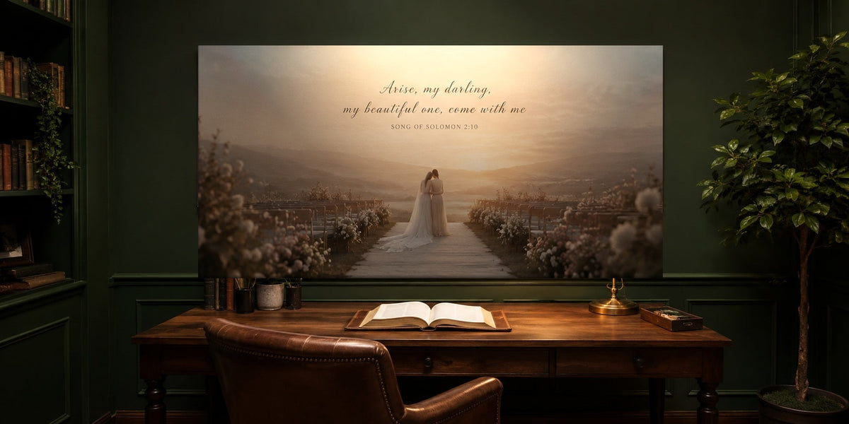 Sister of the Bride canvas in a deep forest-green study with walnut desk, brass lamp and open Bible