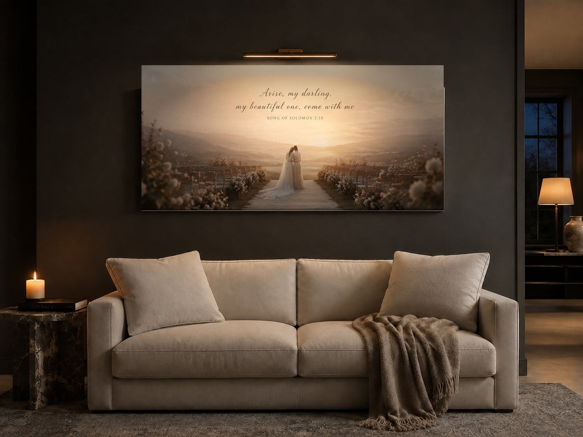 Sister of the Bride canvas above a cream linen sofa in a charcoal living room with brass picture light