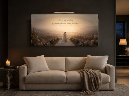 Sister of the Bride canvas above a cream linen sofa in a charcoal living room with brass picture light