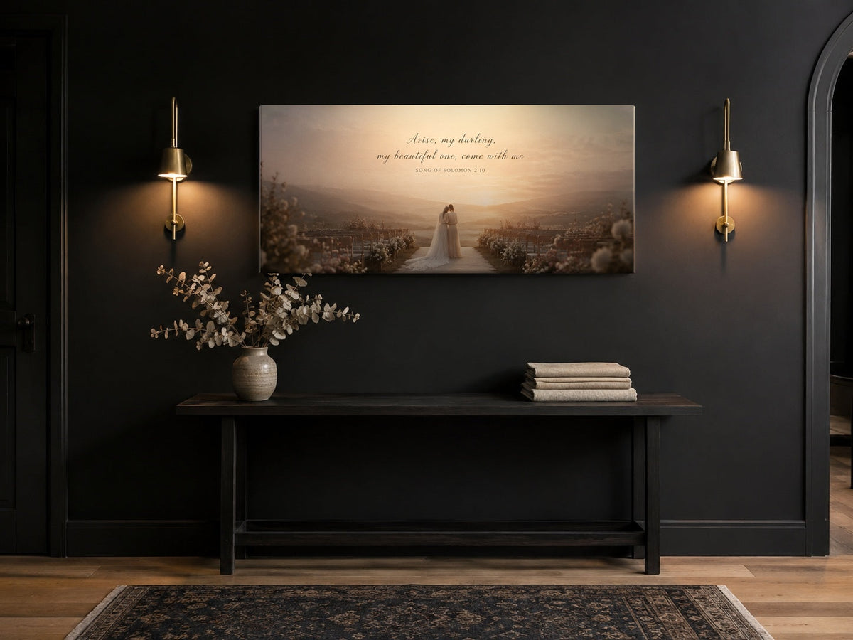 Sister of the Bride canvas in a black entryway with brass sconces and console bench