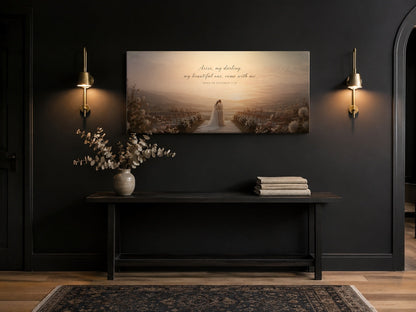 Sister of the Bride canvas in a black entryway with brass sconces and console bench