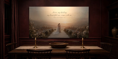 Sister of the Bride canvas in an oxblood dining room with taper candles